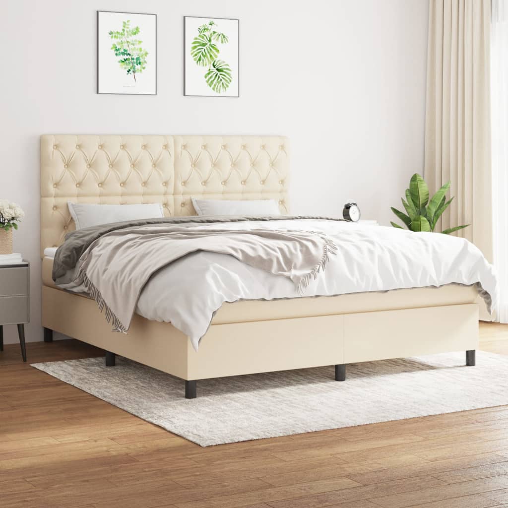 Box Spring Bed with Mattress Cream 160 X 200 Cm Fabric