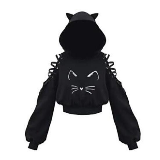Jesień damska luźny krój Halloween sportowa bluza z kapturem drążona sznurowana zimne ramię z długim rękawem dekoracja ucha kota bluza z kapturem krótka bluza