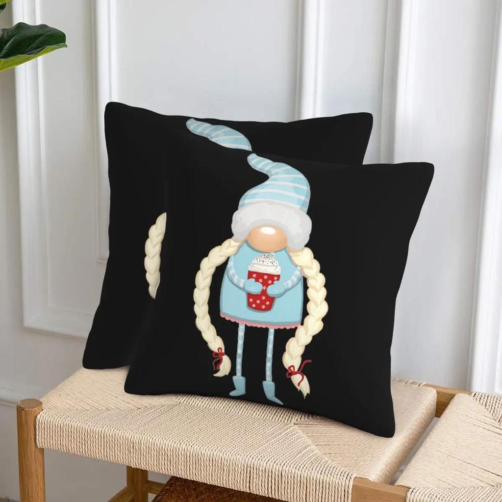 Christmas Gnome With Coffee 2 Pcs Square Pillowcase Pillow Cover Cushion Decor Comfort Throw Pillow For Home Car