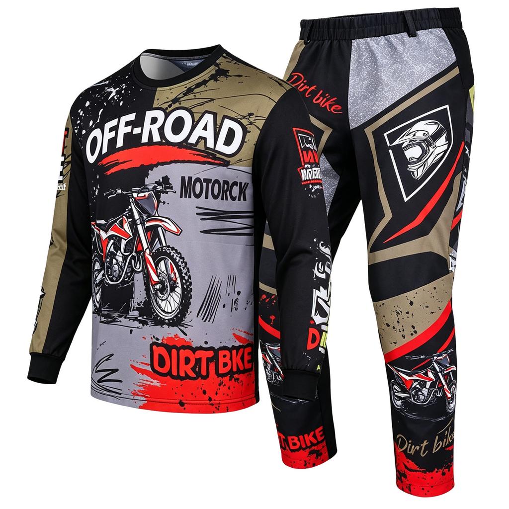 Kinder Jungen Bedruckter Motocross Anzug Off-Road Motorrad Rennanzug Rundhals Langarm Oberteil mit Elastischem Bund Taschen Hose