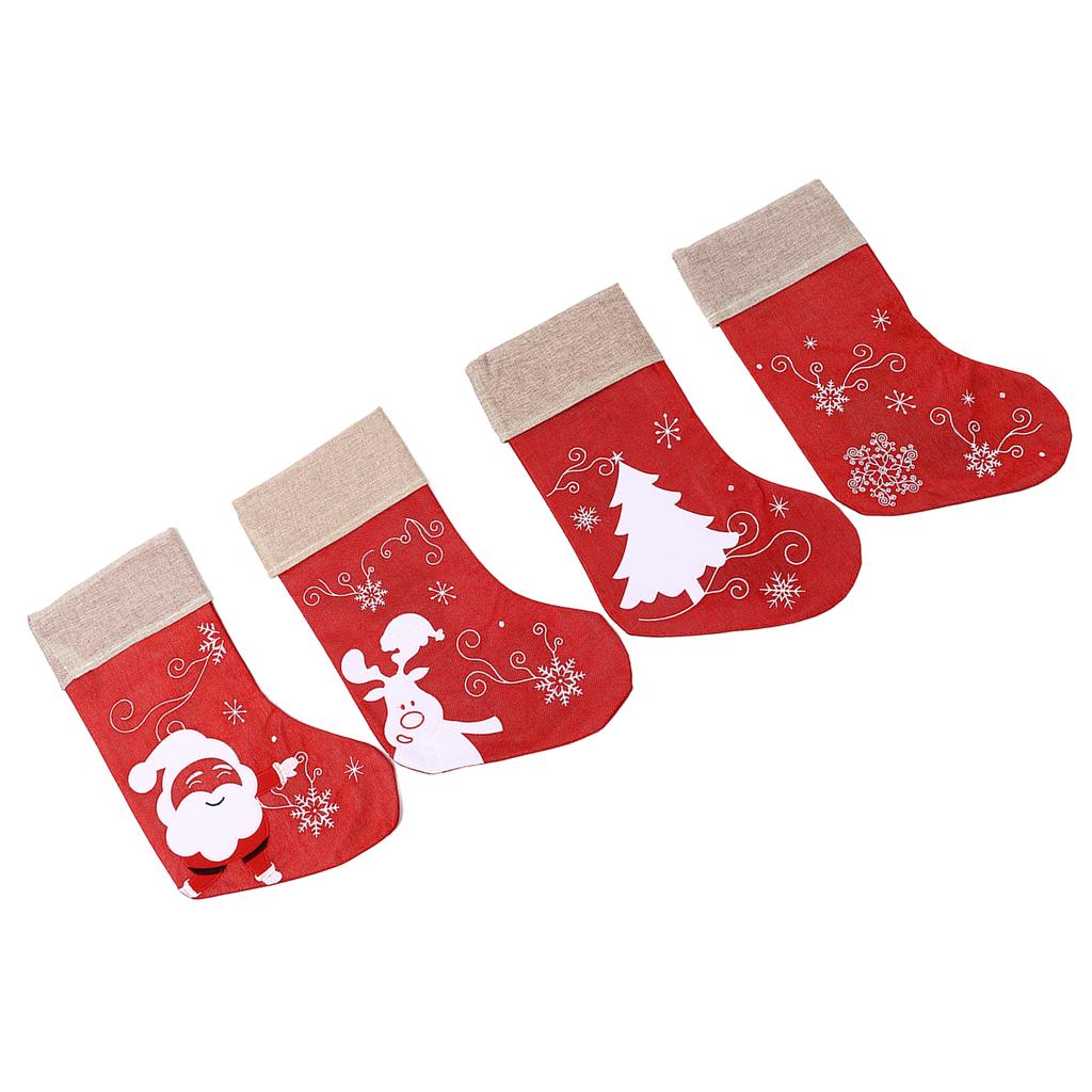 Christmas Stocking Decorative Cartoon Pattern Cuff Stocking Ornament for Tree Stairs Fireplace Red 4pcs