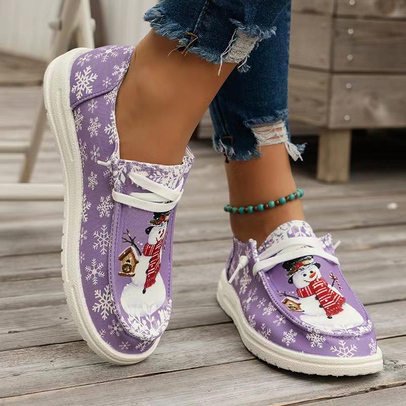 Christmas Snowman Reindeer Pattern Printed Loafers New Fashionable Lace Up Vulcanized Shoes Canvas Women's Flat Shoes Zapatos