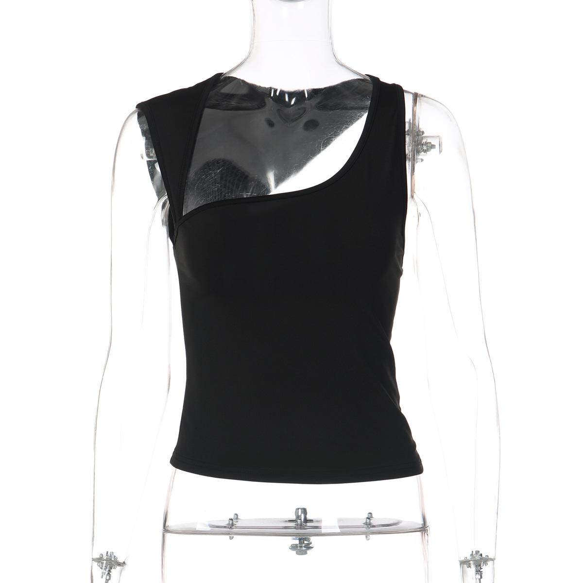 2026 Summer Women Sexy Asymmetric Neck Slim Fit Solid Tank Top Y2K Streetwear Sleeveless Vest S чёрный