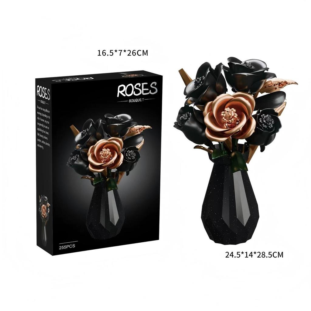 Non-Toxic 255Pcs City Romantic Preserved Flower Building Blocks Moc Desktop Decorations Black White Roses Model Bricks Kids Toys Children Gift