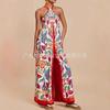 Summer European and American Women Clothes Bohemian Style Fashion Hanging Neck Sleeveless Print Wide Leg Jumpsuit