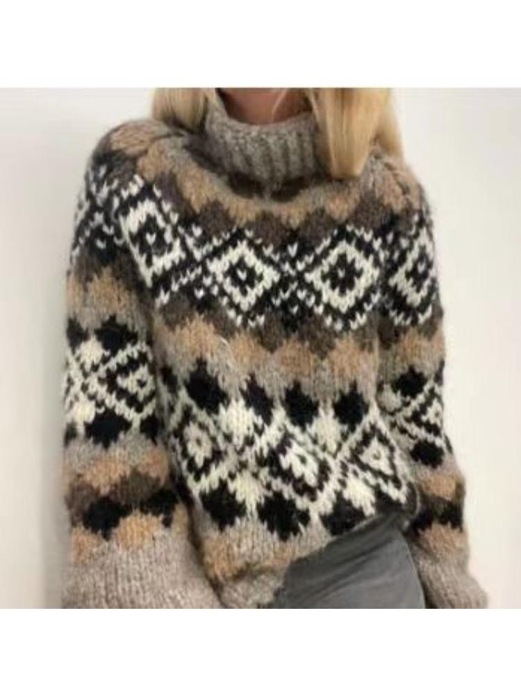 Beiger Rollkragenpullover mit Streifen und buntem Muster