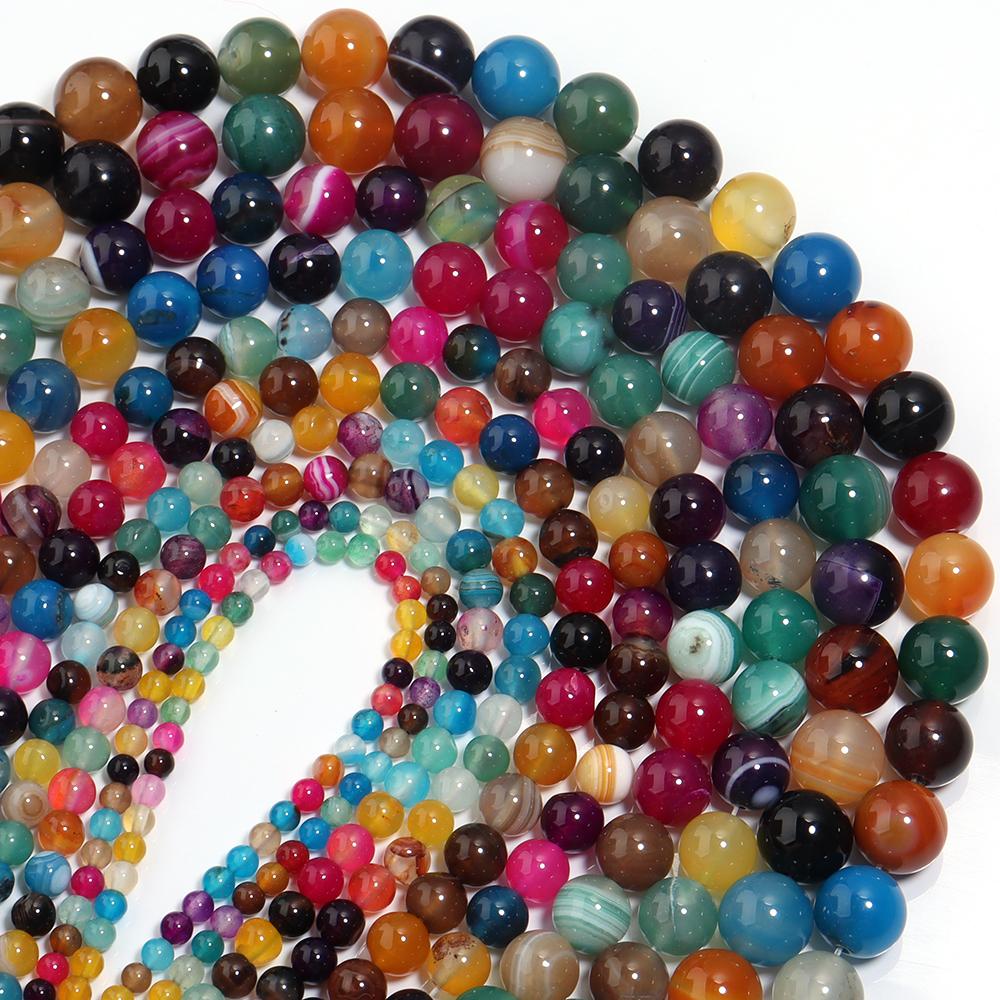 4 6 8 10 12mm Natural Agate Stone Beads Colorful Stripe Round Loose Beads For Jewelry Making DIY Bracelet Necklace Accessories