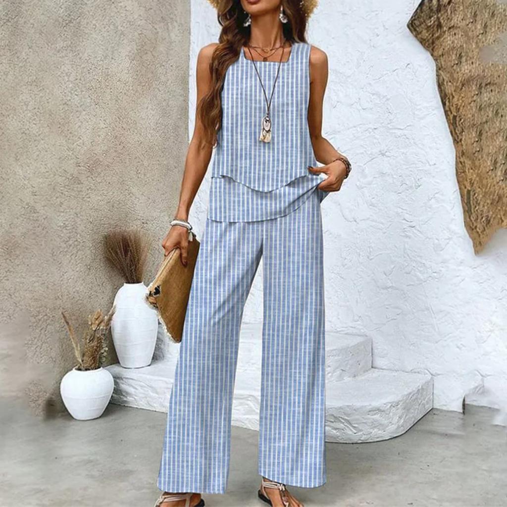 Zweiteiliges Sommer-Set für Damen, lockeres, ärmelloses, doppellagiges Westentop, lässige Hosen, Urlaubsset