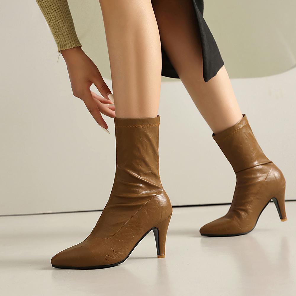 White Red Women Mid Calf Boots Pointed Toe High Spike Heel Small Big Size 33 47