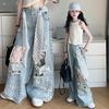 Fashion Girl Stylish Streetwear Y2k Jeans Kids Lace Drawstring Denim Pants Child Hip Hop Ripped Jeans Trousers with Holes