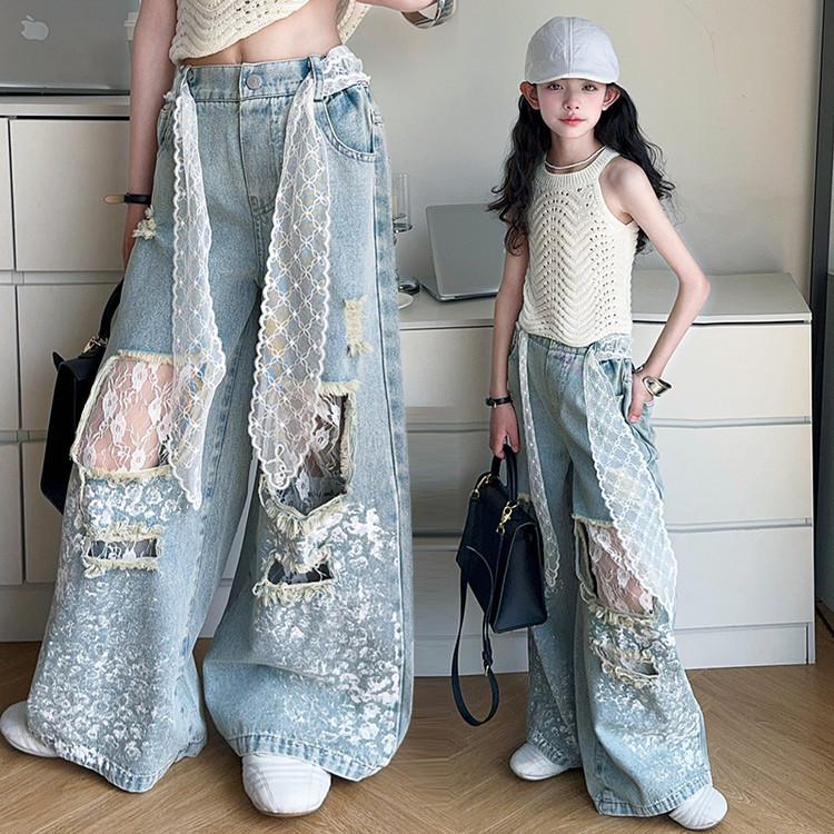 Fashion Girl Stylish Streetwear Y2k Jeans Kids Lace Drawstring Denim Pants Child Hip Hop Ripped Jeans Trousers with Holes