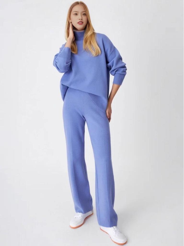 High-Quality Solid Color Knit Set: Women's High Neck & Wide Leg Pants Two-Piece for Autumn/Winter 2025