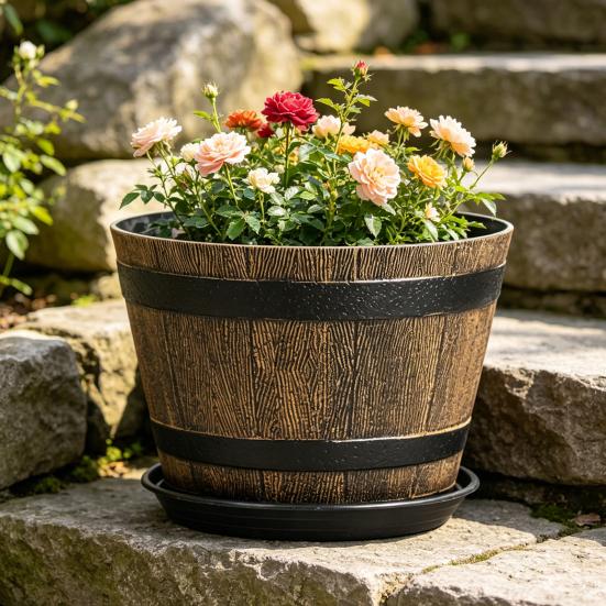 Yousheng Rustic Barrel-Style Round Planter, Wood-Inspired Finish Resin Planter with Built-In Drainage System, for Outdoor Patio And Garden