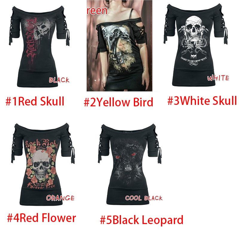 Stylish Women's Fashion Skull Printed Cool Black T-shirt Plus Size Slash Slit Tops
