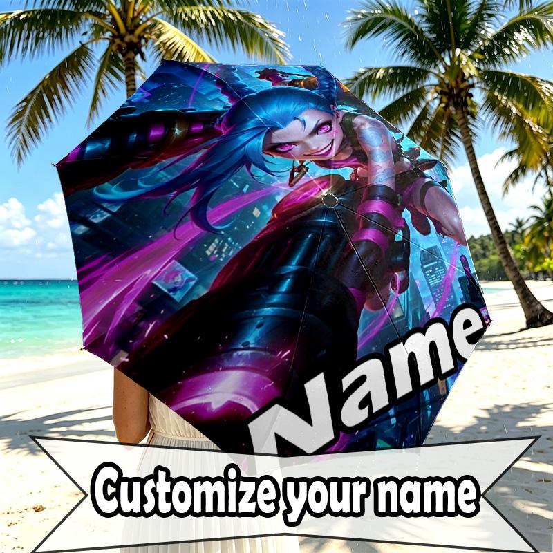 Custom Name Personalized Jinx Print Umbrella, Auto Open Close, 8‑Rib Sturdy Frame, Commute Camping Hiking Use, Birthday Gift