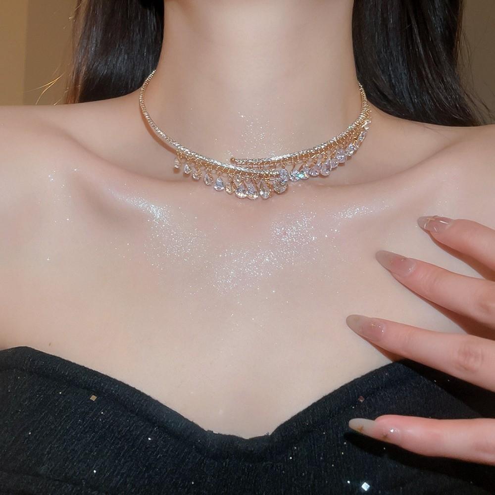 Elegant Bridal Tassel Necklaces Shining Neck Chain Choker Water Drop Rhinestone Jewelry Wedding