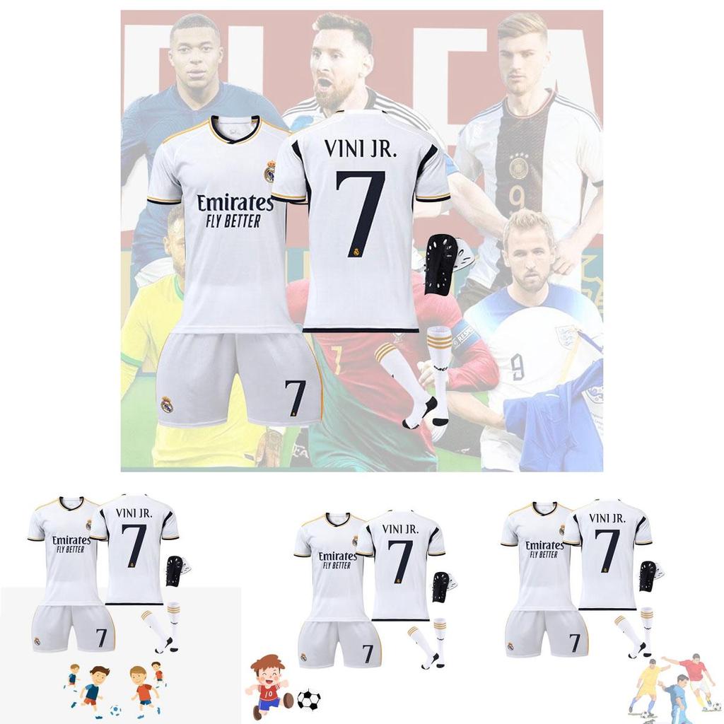 Real Madryt Domowy 7 Vini.jr Zestaw Koszulki Piłkarskiej Dla Dzieci i Dorosłych Tkanina Poliestrowa Koszulka Spodnie Skarpety i Sprzęt Ochronny w Zestawie