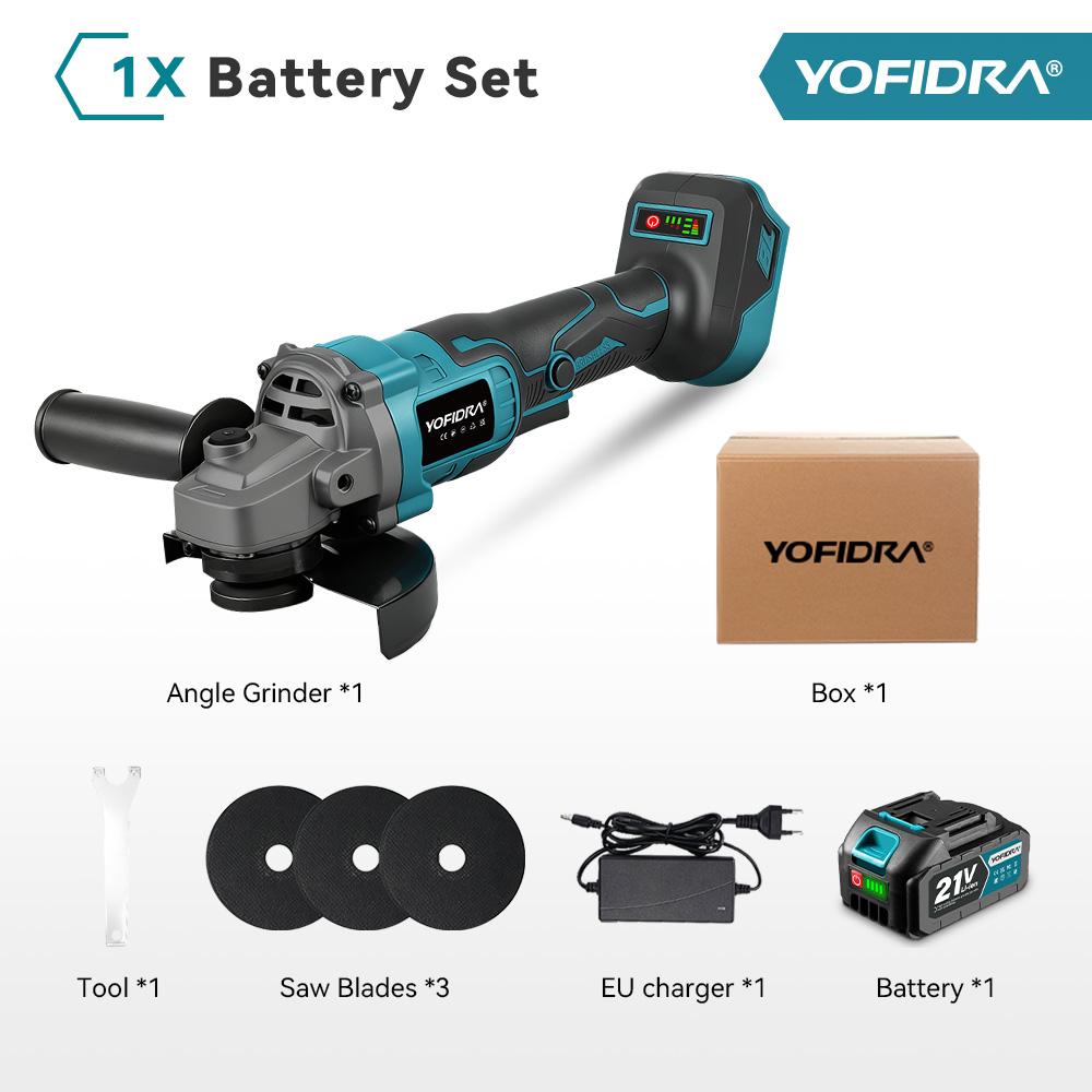 YOFIDRA 125mm Bezuhlíková úhlová bruska 3 rychlosti Akumulátorový nástroj pro broušení, leštění, řezání kovu a dřeva Pro baterii Makita 21V Kolík 1 Battery-EU Plug