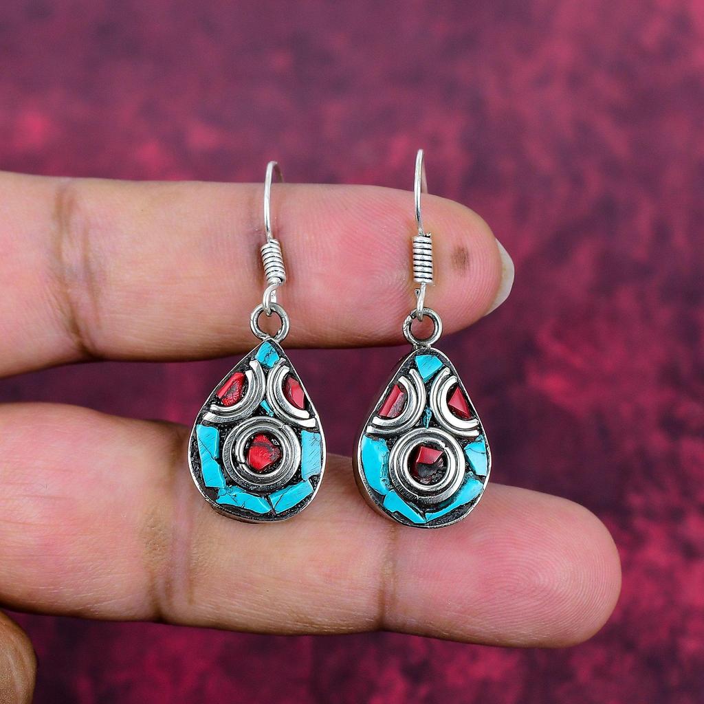 Cora & Turquoise 925 Solid Sterling Silver Earrings, Handmade Gemstone Nepali Earrings Jewelry, Gifts For Wife Brand New Earrings