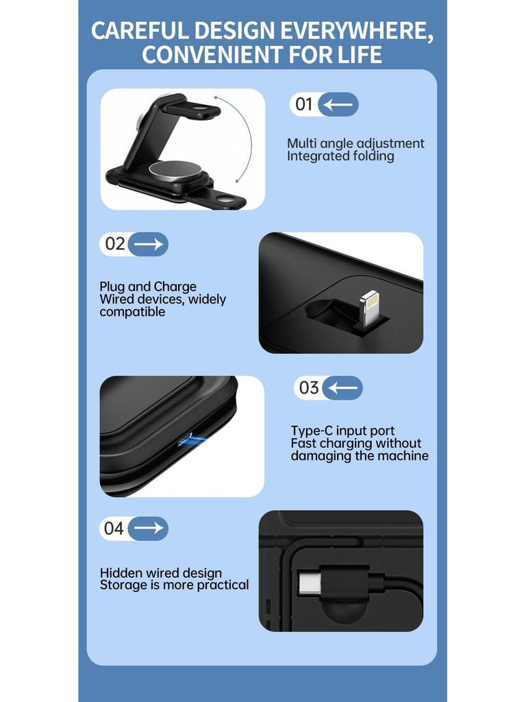 Foldable Multi-Functional Wireless Charging Stand with Built-in Cable - 15W Four-in-One Fast Charger for Mobile Phones