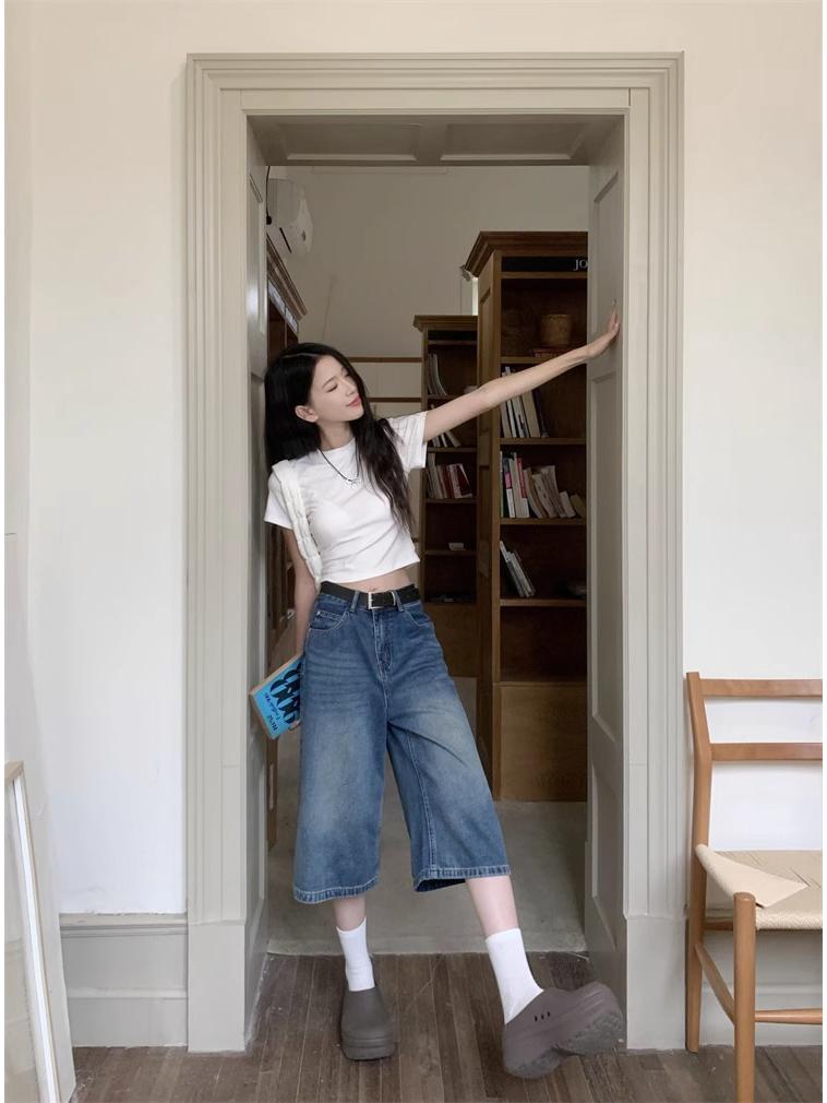 Retro High-Waisted Women's Wide-Leg Cropped Jeans for Summer