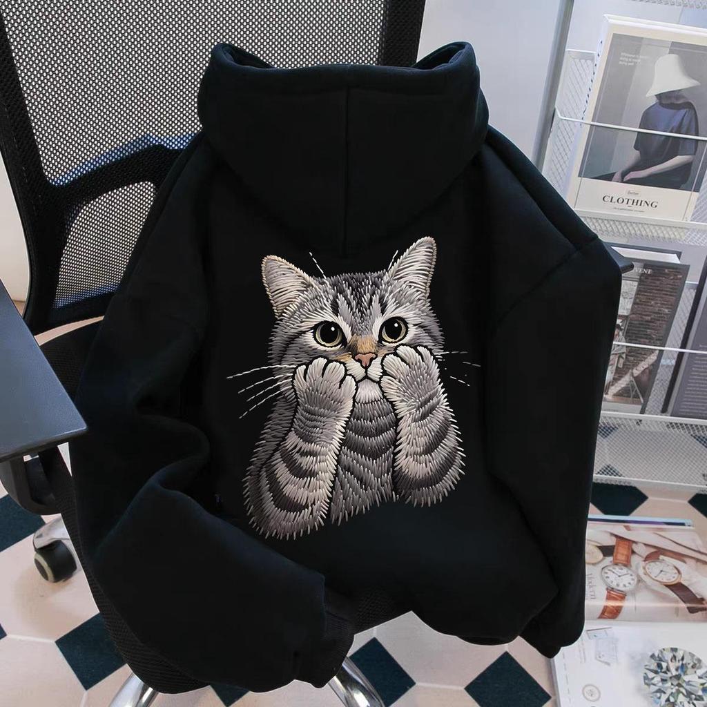 Unisex Retro Oversized Kapuzenpullover mit Katzenstickerei - Trendige Herbst-/Winterkleidung