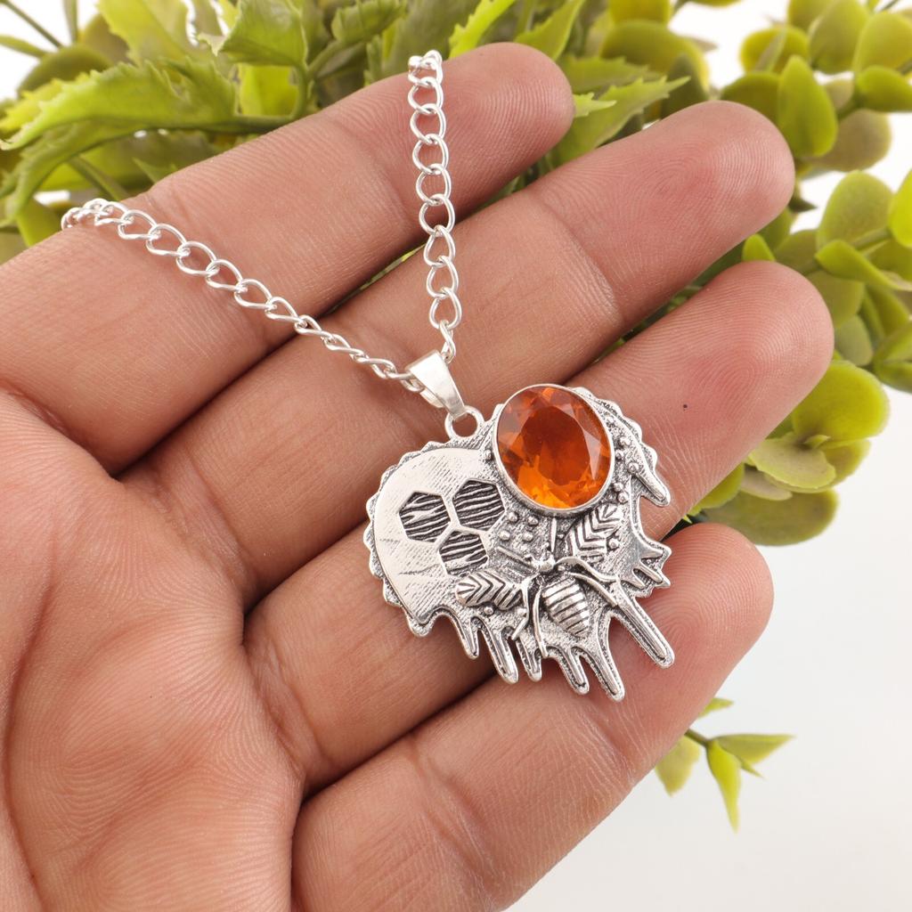 Natural Citrine Gemstone 925 Sterling Silver Jewelry Oxidized Bee Pendant 1.49" CP-28-1