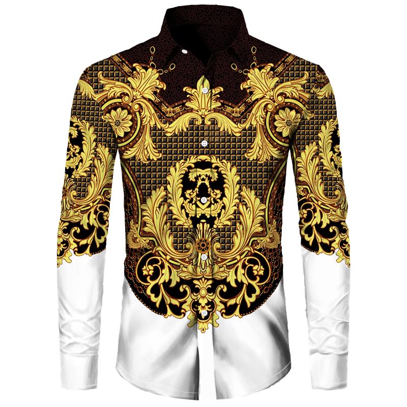 Golden Flower Pattern Print Men's Shirts Casual Single-Breasted Cardigan Long Sleeve Shirt Fashion Trend Tops Men Clothing