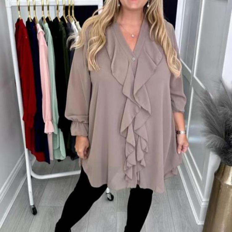 Casual Women Blouse V Neck Loose Fit Long Sleeve Ruffle Trim Solid Color Chiffon Daily Wear Tops