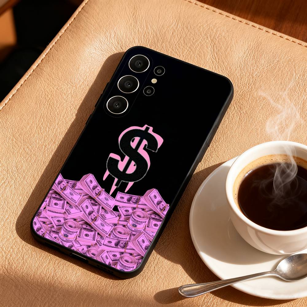 P-Pink D-Dollars Banknote Phone Case For Samsung S25,S24,S21,S22,S23,S30,Ultra,S20,FE,Lite,10,9,Black Cover