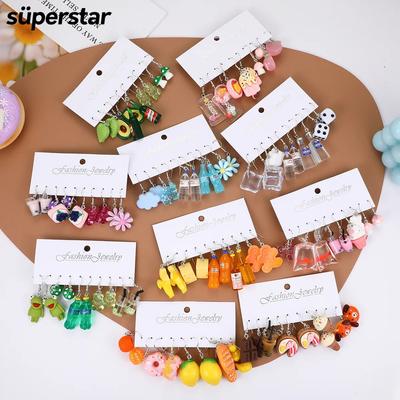 5pairs/set Flower Silver Hook Earrings Set for Women Cartoon Pendant  Earrings Accessories Gift