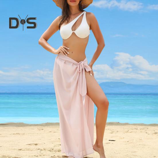 Women Beach Skirt Lace-up Solid Color See-through Thin Quick-Drying Flowy Skirt Sun Protection Bikini Cover Up
