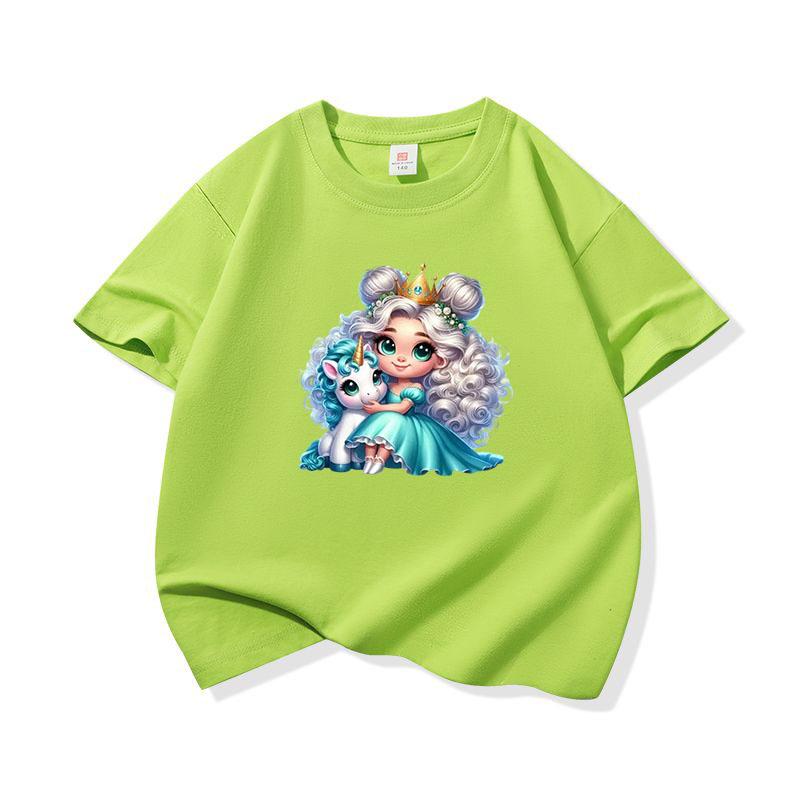 Kids Cotton T Shirt Princess Girl With Blue Unicorn Print Crew Neck Short Sleeve Tee Casual Boys Girls Summer Tops