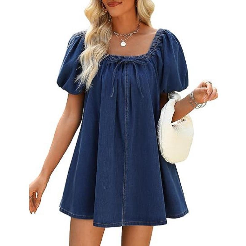 Rochii de vară din denim pentru femei Rochie mini cJean cu guler pătrat