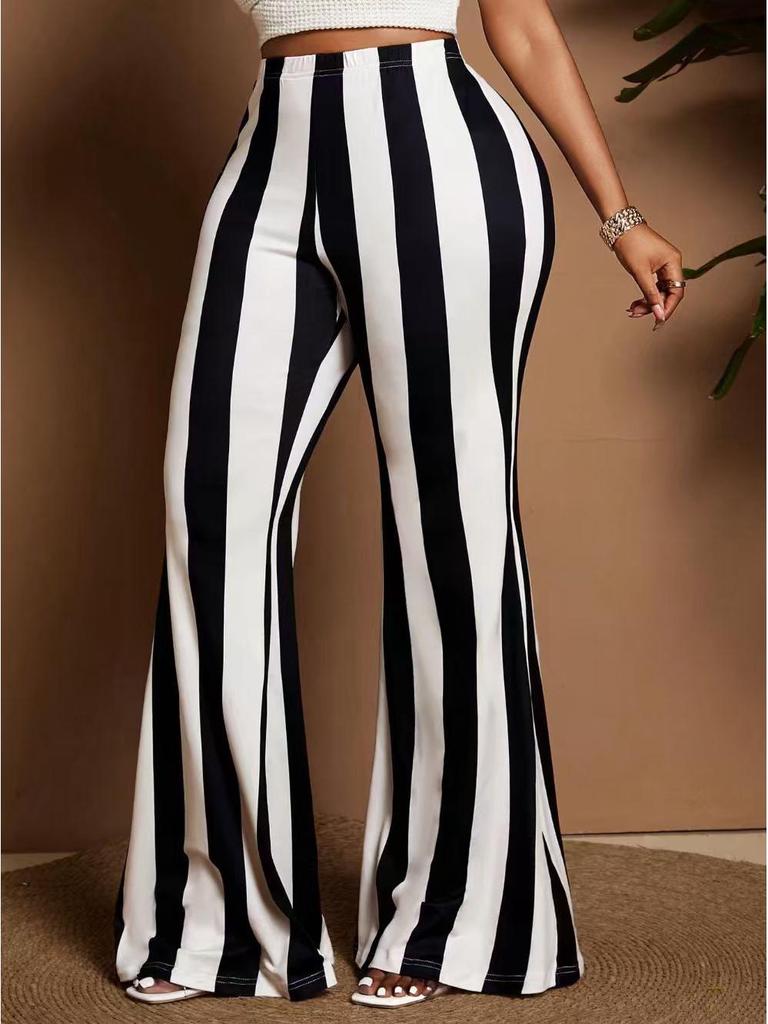 Damen Plus Size Gestreifte Schlaghose mit Gummizug - Europäische & Amerikanische Mode 2026