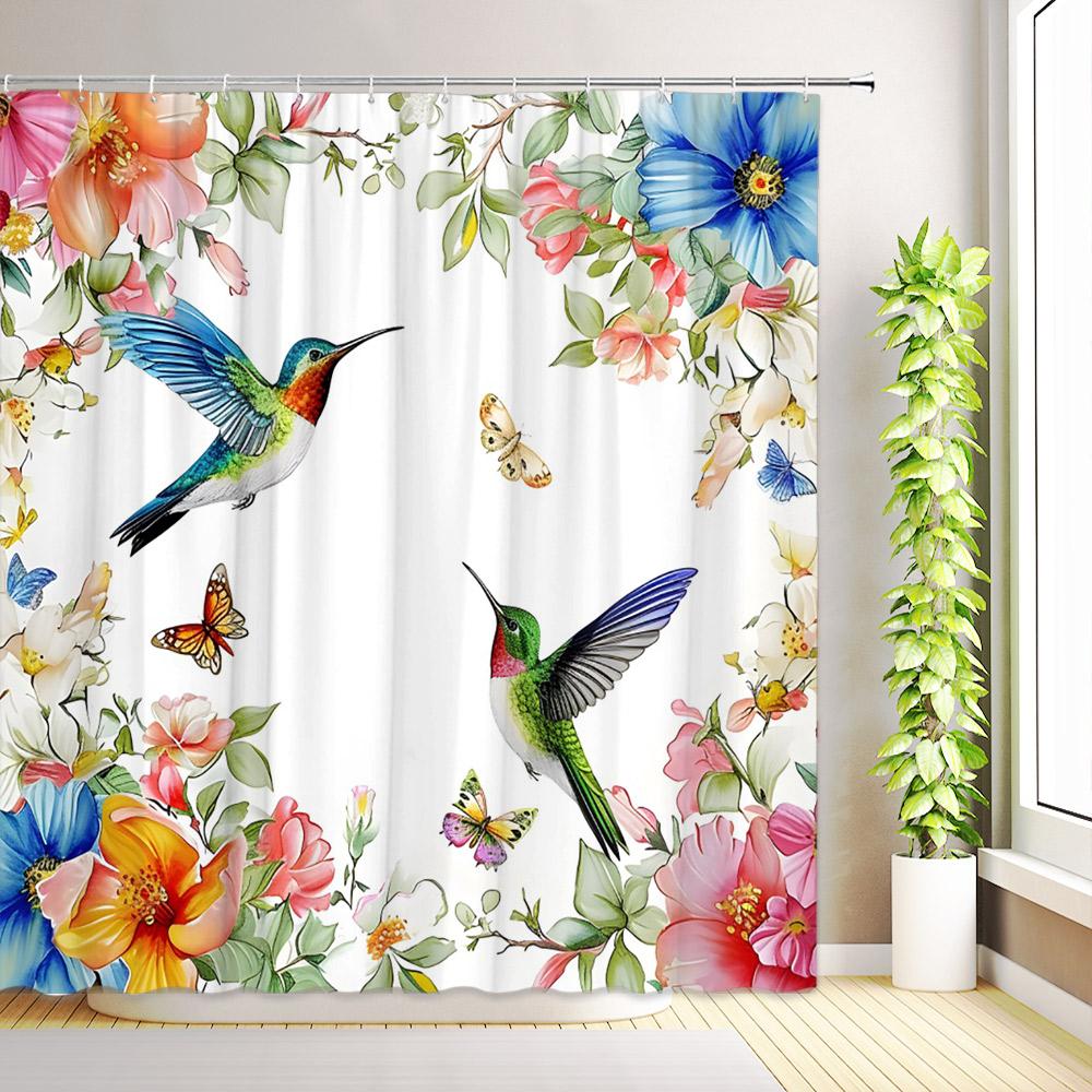 

Hummingbird Floral Shower Curtain Butterfly Flower Plants Birds Watercolour Leaves Bath Curtains Home Bathroom Decor with Hooks 35x70inch-90x180cm
