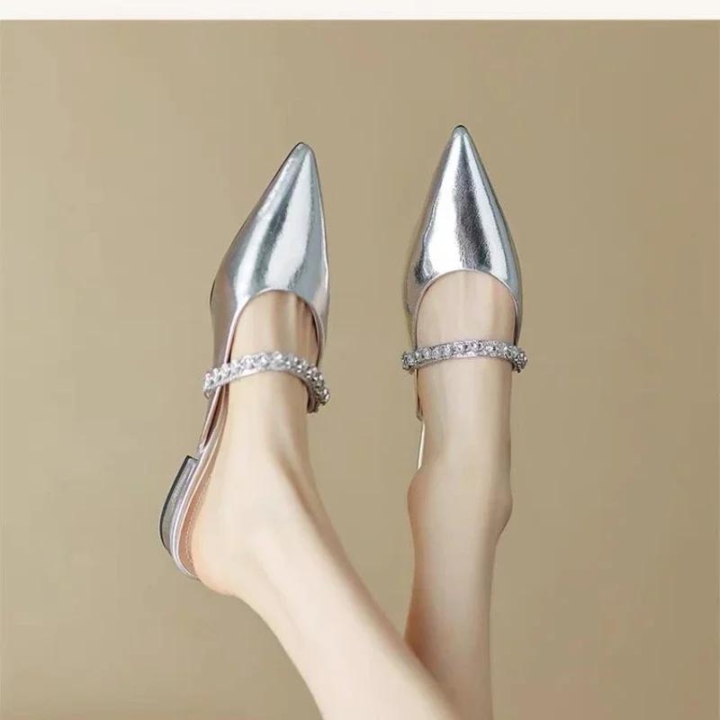 

2024 New Women s Summer Slim Heel Pointed High Heel Rhinestone Slippers Women Heels Luxury Women s Shoes 40 серебряный