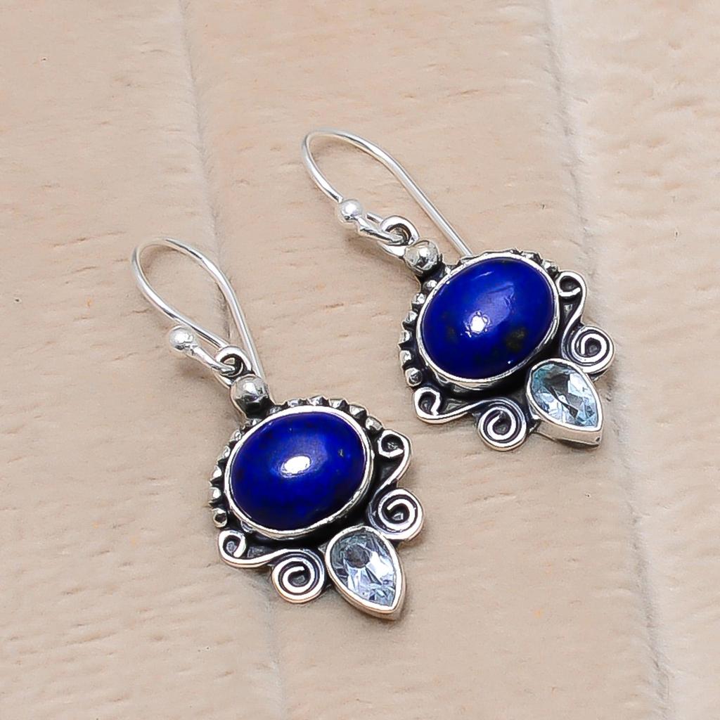 Handmade Lapis Lazuli Gemstone Earring 925 Sterling Silver Jewelry Gift For Love Once