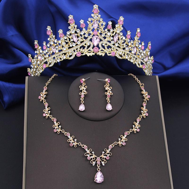 Quality copper Color Water Drop Bridal Jewelry Sets Princess Tiaras Necklace Earrings Wedding Crown Jewellry Set for Brides