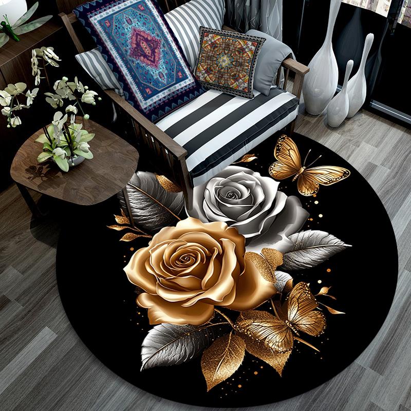 Golden Roses and Butterflies Round Area Rug,Carpet Rug for Living Room Bedroom Sofa Playroom Decor,Non-slip Floor Mat