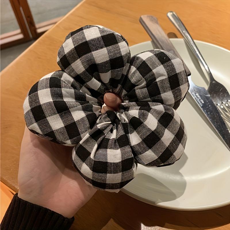 

Elegant Plaid Floral Scrunchie - Large, Black & White Hair Tie for Women | Chic Ponytail Holder
