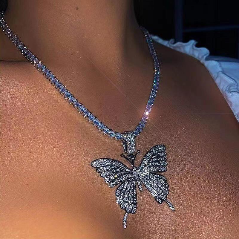 Trendy Butterfly Pendant Clavicle Necklace - Women's Hip-Hop Street Style with Inlaid Diamonds