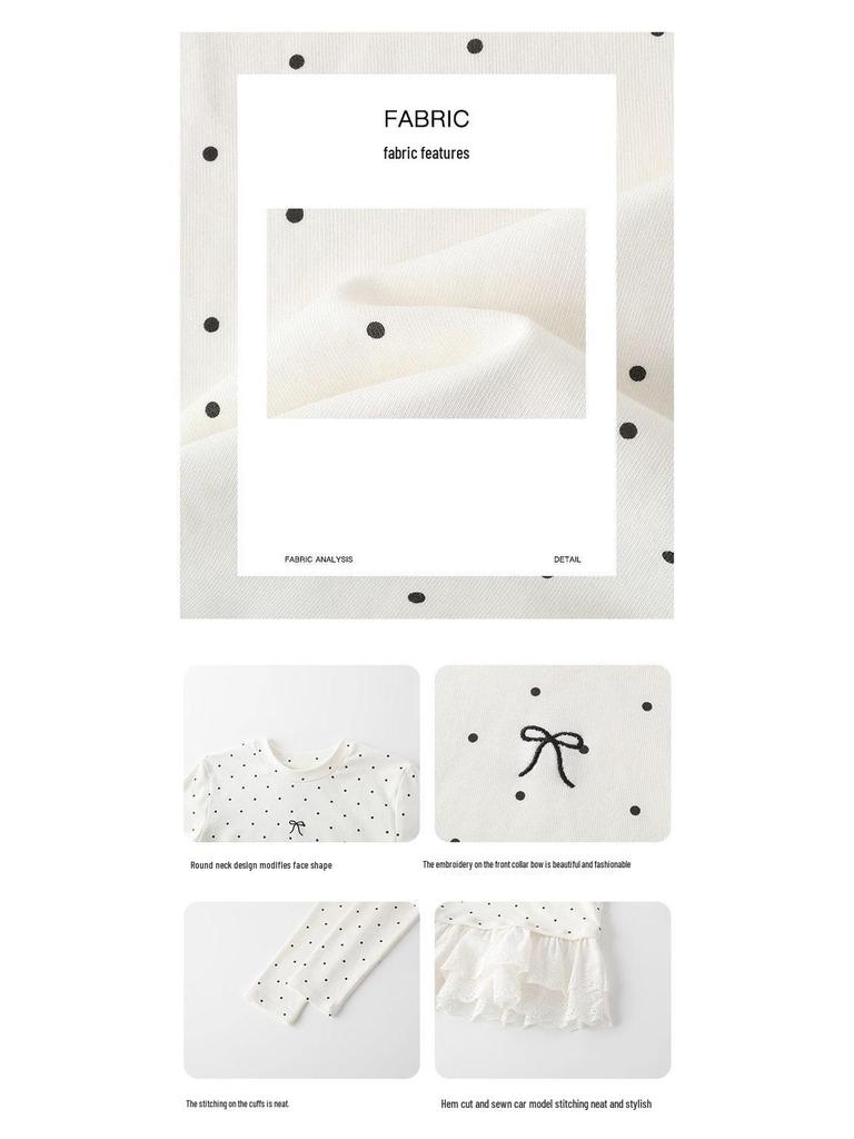 Women's Slim Fit White Polka Dot Lace Thermal Long-Sleeve Top