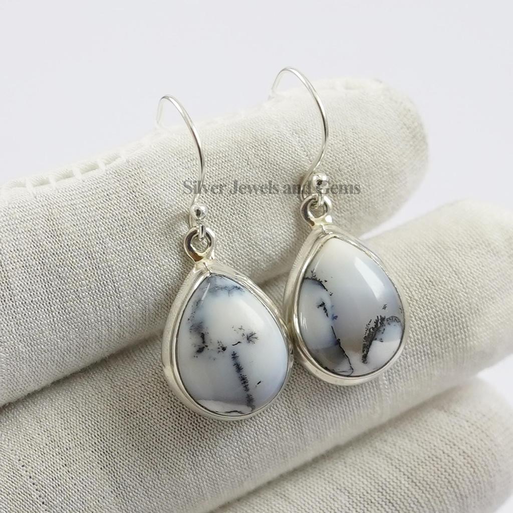 Natural Dendrite Opal Earring, Teardrop Gemstone Earring, Handmade 925 Sterling Silver Earrings, Gift for Mom, Black and White Earring
