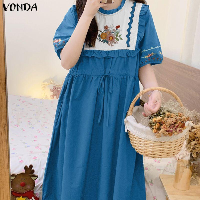 VONDA Vintage Women Stand Neck Short Sleeve Embroidery Patchwork Long Dress