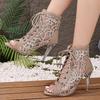 Mesh Stiletto Sandals Summer New Round Toe Sequin Cloth Cutout Front Lace-Up Non-Slip High-Top Fish-Mouth Sandals