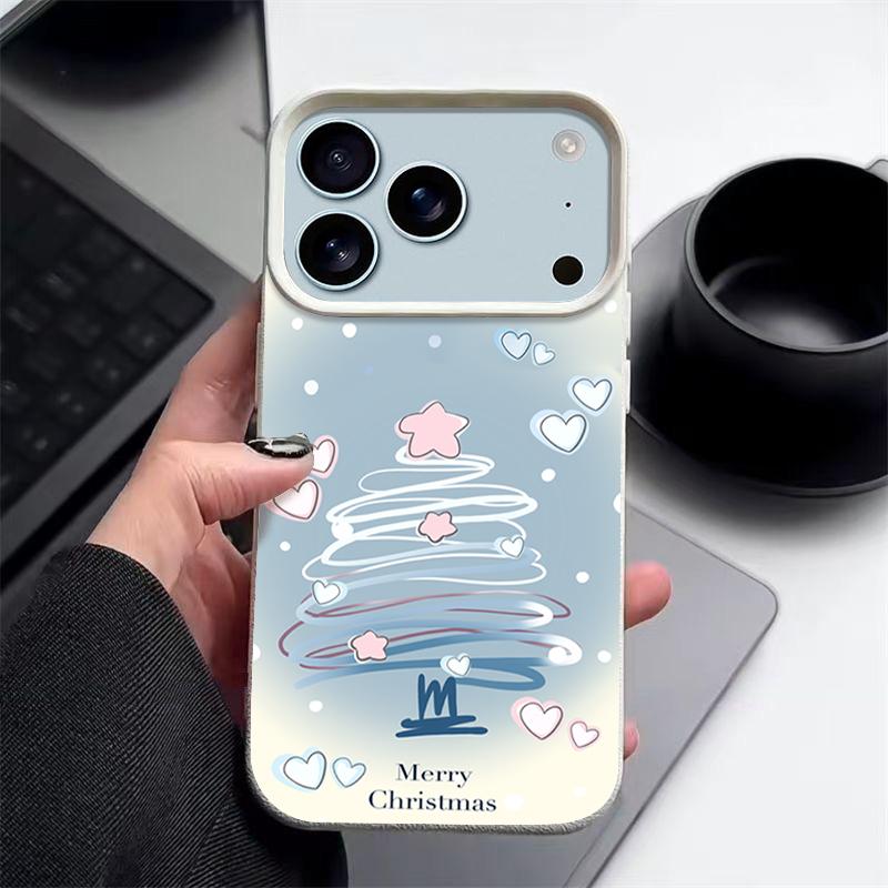 Blue Line Chirstmas Tree Design Shockproof Case for iPhone 17 16 15 14 Pro Max 13 Air - Flexible TPU Cover with Leather Texture