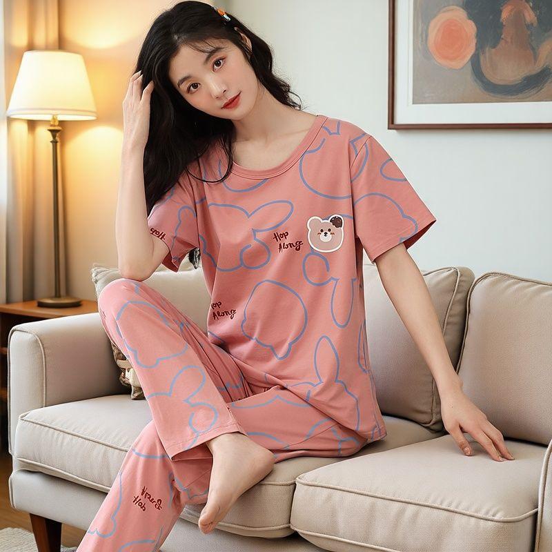 

Women s Cartoon Cotton Pajama Set - Short Sleeve & Long Pants, Korean Style, Plus Size, Versatile for Spring, Summer & Autumn M 70-90 jin