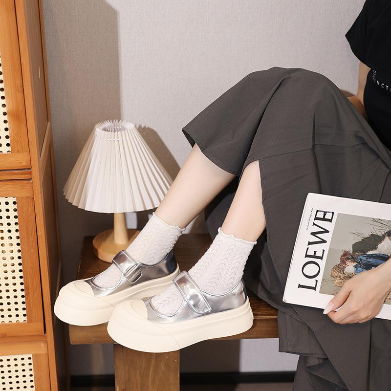 Women's shoes 2025 spring and summer big head Velcro muffin thick sole heightening round head shallow mouth Mary Jane small leather shoes women's shoe