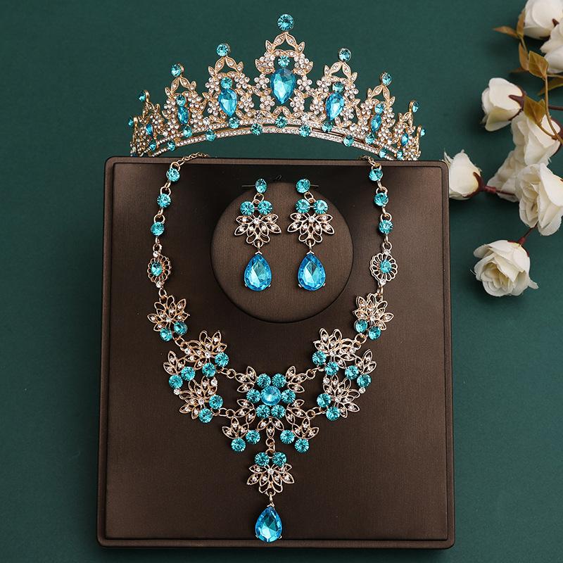 DIEZI Korean Sky Blue Crystal Crown Women Girls Headwear Luxury Bridal Bride Tiaras Necklace Earrings Wedding Party Jewelry Sets